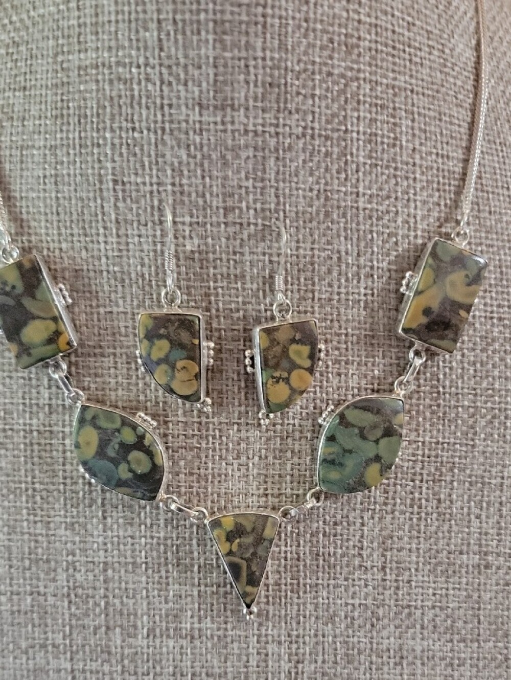 Artisan Jasper Statement Necklace with Matching Earrings Set In 925 SSilver